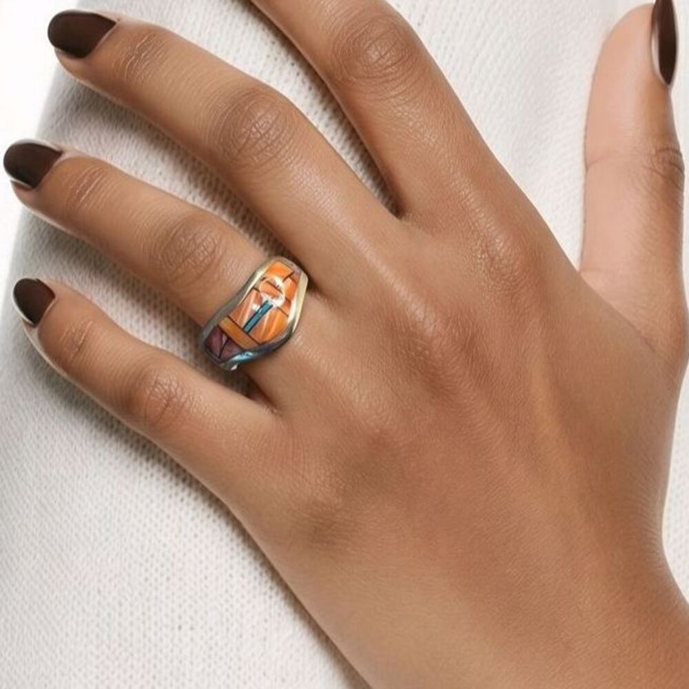 Clarence Bailon Santo Domingo Sterling Silver Spiny Oyster Inlay Ring 6.75